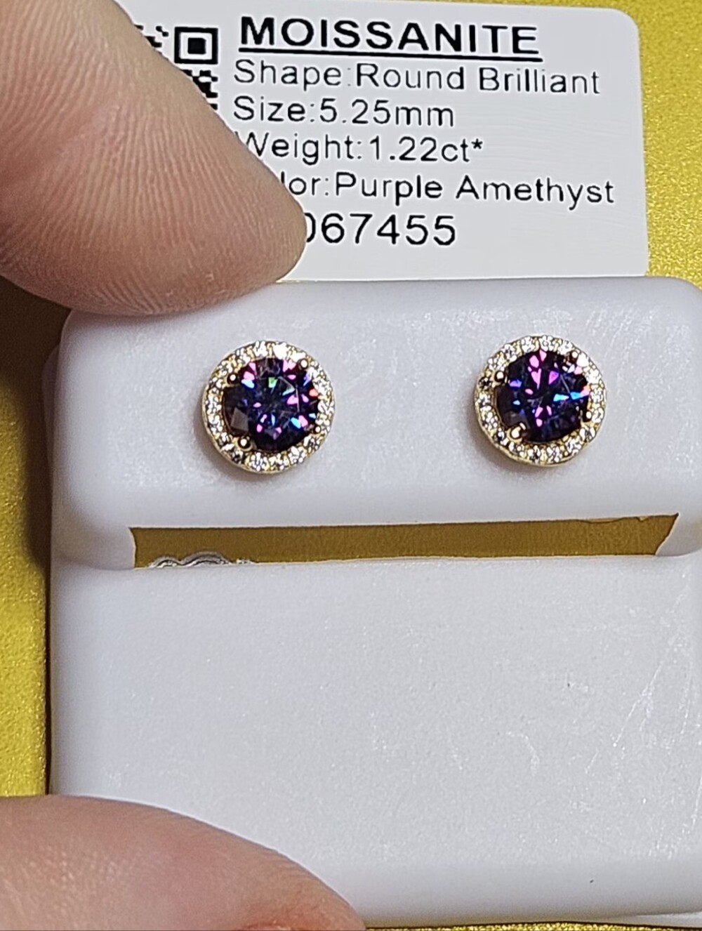 Moissanite Purple Amethyst Round Halo Stud Earrings - Sterling Silver - Picture 12 of 14